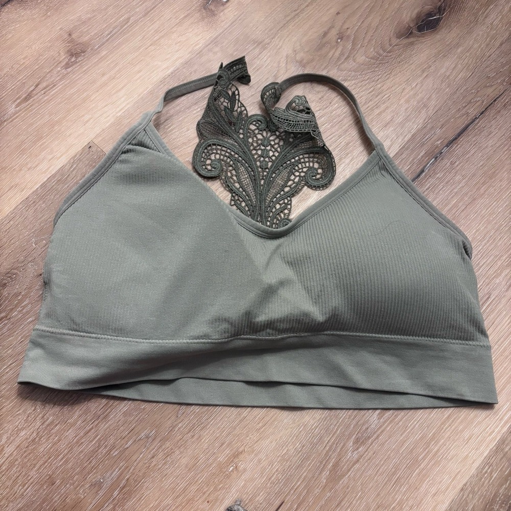 Maurices XL Sage Green Ribbed Seamless Bralette Crochet Lace Back Detail